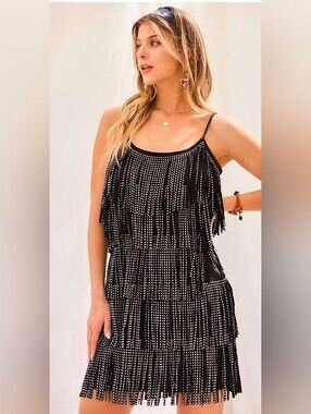 Mainstrip Black Beaded Fringe Spaghetti Strap Dress
